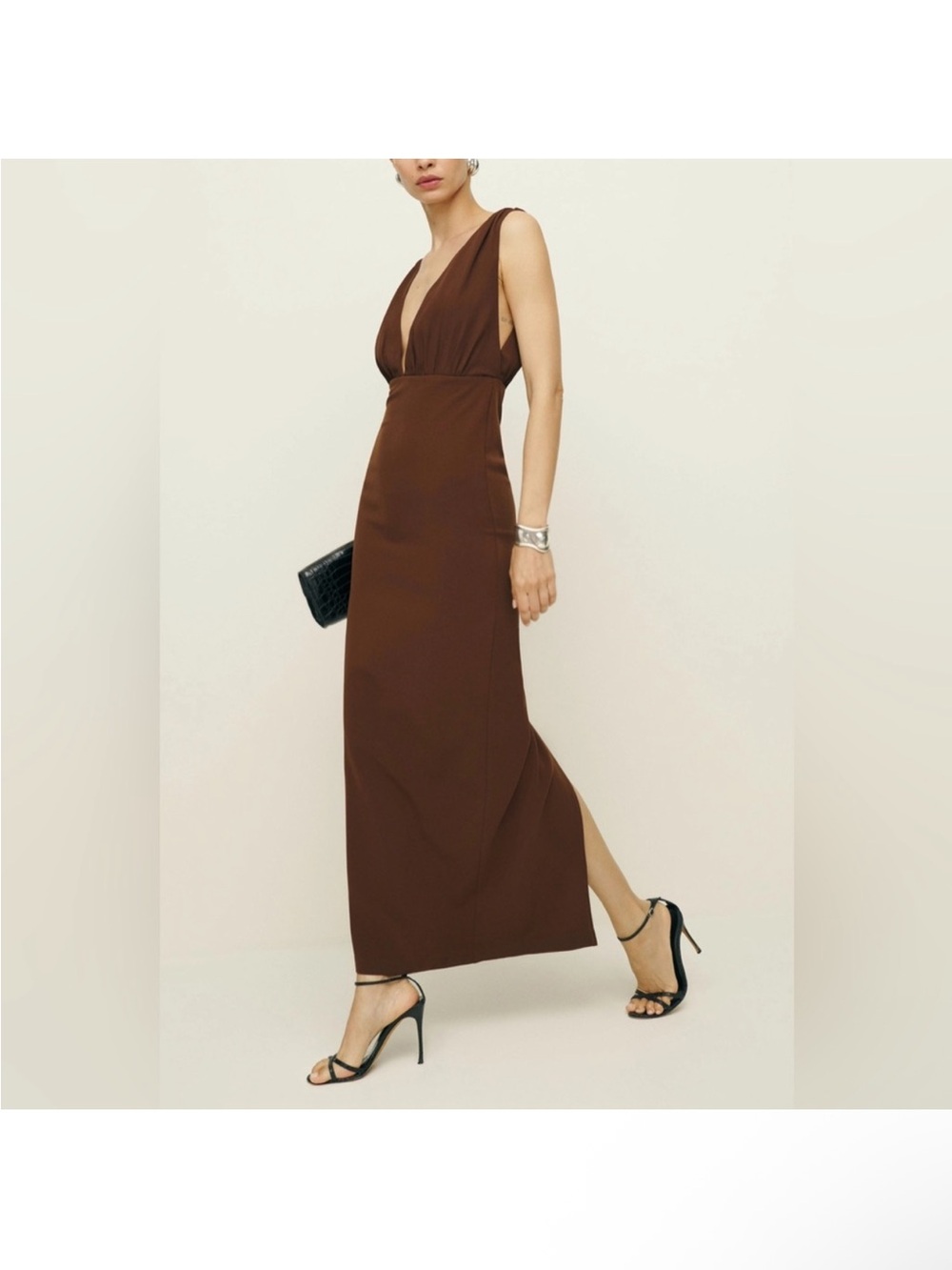 Reformation Brown Sleeveless Deep V Maxi Dress